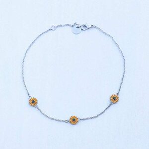 Pura Vida 9" Silver Enamel Sunflower Anklet - Adjustable Chain, Brand Charm, 1" Extender