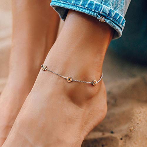 Pura Vida 9" Silver Enamel Sunflower Anklet - Adjustable Chain, Brand Charm, 1" Extender