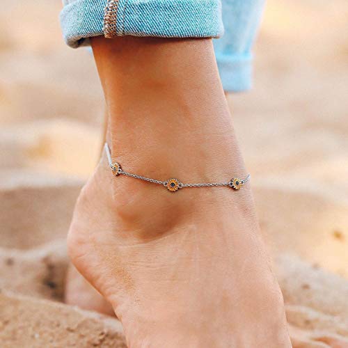 Pura Vida 9" Silver Enamel Sunflower Anklet - Adjustable Chain, Brand Charm, 1" Extender