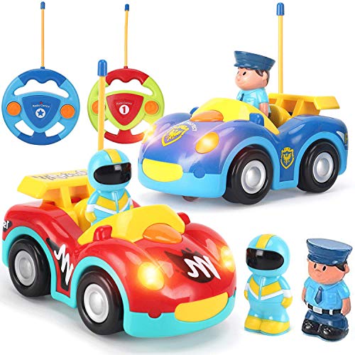 Liberty Imports 2 Pack RC Cartoon Police Car and Race Car Radio Remote Control Toys with Music & Sound for Baby, Toddlers, Kids