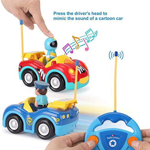 Liberty Imports 2 Pack RC Cartoon Police Car and Race Car Radio Remote Control Toys with Music & Sound for Baby, Toddlers, Kids