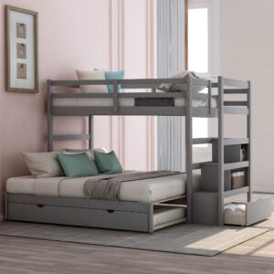 polibi stairway twin over twin/king bunk bed with size trundle, drawers and guardrail, 3-in-1 wood trundle for boys girls, grey
