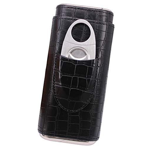 TOIKA 3 Tubes Classic Black Crocodile Pattern Leather Cigar Case Humidor with Cedar Wood Lined in Gift Box, Cigar Cutter Contained