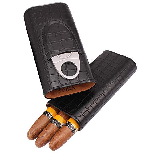 TOIKA 3 Tubes Classic Black Crocodile Pattern Leather Cigar Case Humidor with Cedar Wood Lined in Gift Box, Cigar Cutter Contained