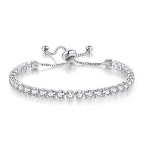 gemosa tennis bracelets for women white gold plated diamond aaa+ cubic zirconia cz dainty classic adjustable slider bracelet silver fashion jewelry wedding gift