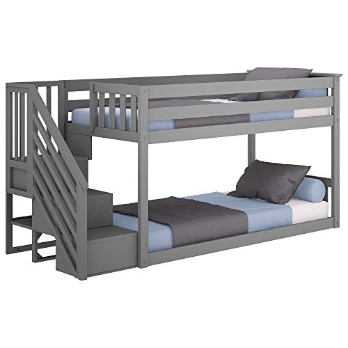 Max & Lily Low Bunk Bed, Twin-Over-Twin Bed Frame For Kids With Stairs, Grey