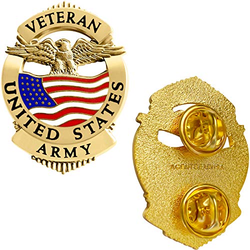 Army Veteran Lapel Pin - Patriotic Military Double-Clutch Badge - Designed with American Eagle & United States Flag - Made of Strong & Durable Metal (Gold Tone)