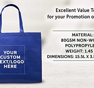 DISCOUNT PROMOS Custom Jumbo Sized Tote Bags Set of 100, Bulk Pack - Personalized Reusable Grocery Bags, Shopping Bags, Reusable Eco-Friendly Bags, Customized Promotional Item Totes for Women, Blue