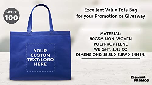 DISCOUNT PROMOS Custom Jumbo Sized Tote Bags Set of 100, Bulk Pack - Personalized Reusable Grocery Bags, Shopping Bags, Reusable Eco-Friendly Bags, Customized Promotional Item Totes for Women, Blue