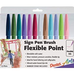 Pentel Arts Sign Pen Brush Tip, Assorted Colors, 12 Pack Box (SES15C2PC12)