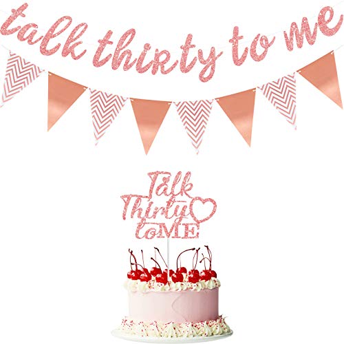 Talk Thirty to Me Banner Happy 30th Birthday Anniversary Banner and Cake Topper Triangle Flag Banner for Men Women 30th Birthday Party, Pre-Strung (Pink)