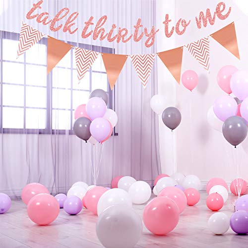 Talk Thirty to Me Banner Happy 30th Birthday Anniversary Banner and Cake Topper Triangle Flag Banner for Men Women 30th Birthday Party, Pre-Strung (Pink)