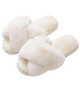 evshine women's fuzzy slippers cross band memory foam house slippers open toe indoor outdoor shoes, beige, size 7-8