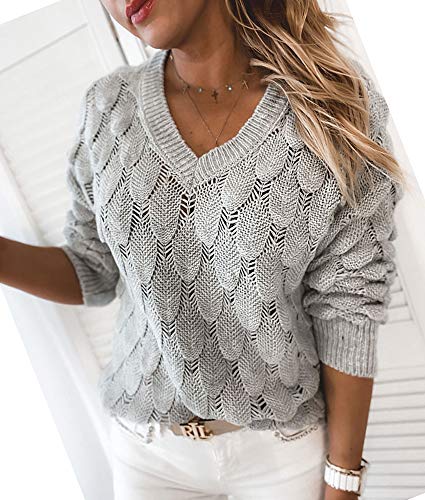 Women's V Neck Long Sleeve Pullover Sweater Lightweight Knit Sweaters Novelty Sweaters Grey