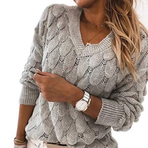 Women's V Neck Long Sleeve Pullover Sweater Lightweight Knit Sweaters Novelty Sweaters Grey