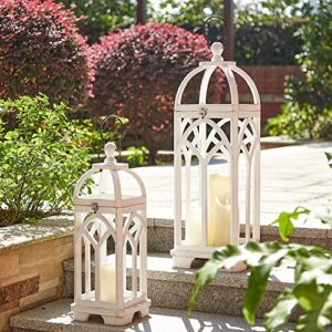 Glitzhome Farmhouse Decorative Lanterns Wooden Candle Lantern Church Window Frame Lanterns for Wedding Mantle Entryway Home Patio Balcony Garden, Pack of 2, Wash White, No Glass