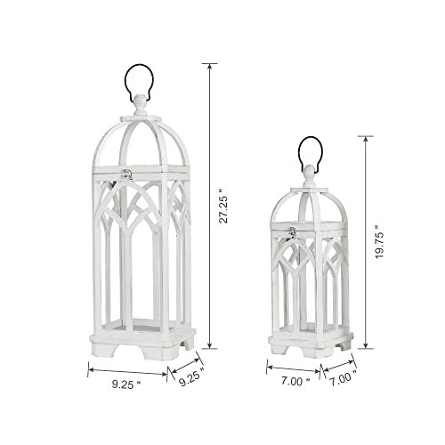 Glitzhome Farmhouse Decorative Lanterns Wooden Candle Lantern Church Window Frame Lanterns for Wedding Mantle Entryway Home Patio Balcony Garden, Pack of 2, Wash White, No Glass