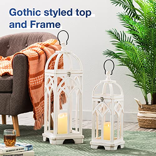 Glitzhome Farmhouse Decorative Lanterns Wooden Candle Lantern Church Window Frame Lanterns for Wedding Mantle Entryway Home Patio Balcony Garden, Pack of 2, Wash White, No Glass