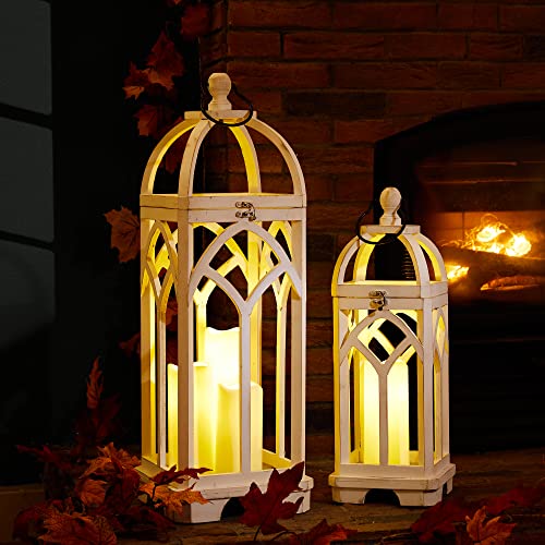 Glitzhome Farmhouse Decorative Lanterns Wooden Candle Lantern Church Window Frame Lanterns for Wedding Mantle Entryway Home Patio Balcony Garden, Pack of 2, Wash White, No Glass