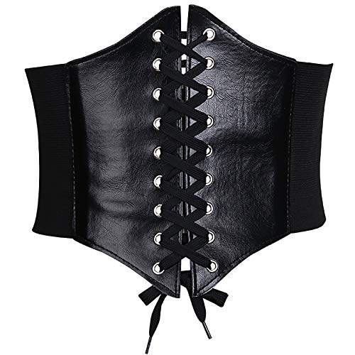 Glamorstar Corset Belt for Women Wide Elastic Tied Waspie Belts Lace-up Leather Waist Belts for Women Dresses 75cm Black