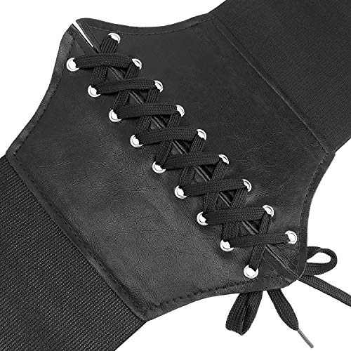 Glamorstar Corset Belt for Women Wide Elastic Tied Waspie Belts Lace-up Leather Waist Belts for Women Dresses 75cm Black