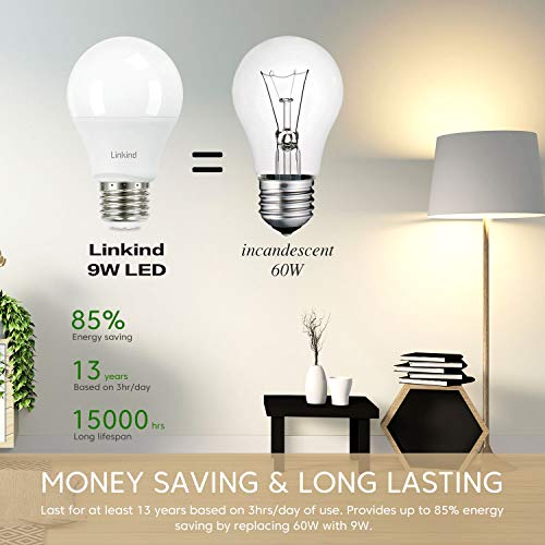 Linkind A19 LED Light Bulb, 60W Equivalent Light Bulbs, 9W 2700K Soft White, 800 Lumens Non-Dimmable LED Bulb, E26 Standard Base, Energy Efficient UL Listed, 6 Pack Led Lights for Bedroom Home Office