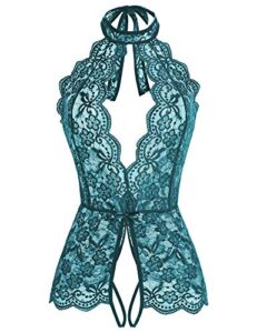 women one piece lingerie lace baby dolls teddy deep v neck halter bodysuit chemise sleepwear (dark turquoise, l)