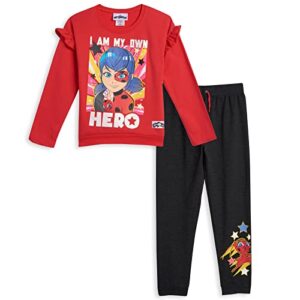 miraculous ladybug little girls ruffled high low t-shirt & french terry pant set 5 red/black