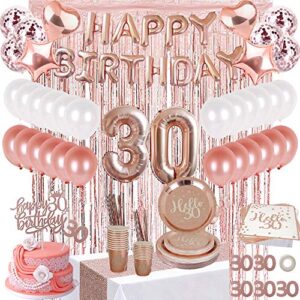 30th birthday decorations for women, dirty 30 rose gold birthday party supplies for women with birthday banner, table runner, curtains, cake topper, plates, cups and more for 24 guest -jsn party