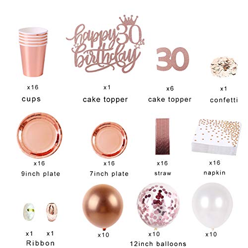 30th Birthday Decorations for Women, Dirty 30 Rose Gold Birthday Party Supplies for Women With Birthday Banner, Table Runner, Curtains, Cake Topper, Plates, Cups and More for 24 Guest -JSN PARTY