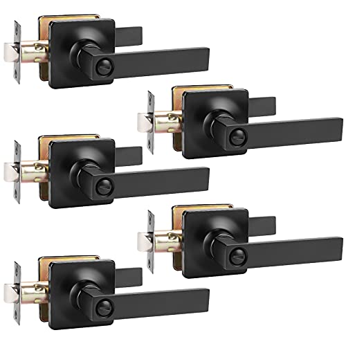 GOBEKOR 5 Pack Black Door Handle Interior Door Handles with Lock Privacy Door Handles for Bedroom Bathroom Square Door Handles Black Door Levers Keyless