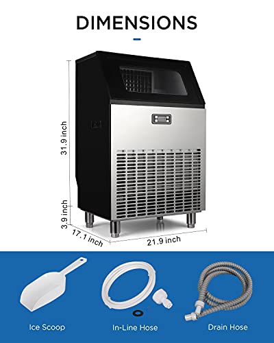 ADT Ice Machine Stainless Steel Under Counter Freestanding Commercial Ice Maker Machine for Home/Kitchen/Office/Restaurant/Bar/Coffee (200LB, Single-Water Inlet)