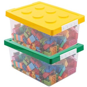 lucky-go toy storage organizer bins with lid - stackable plastic organizer box set of 2, kids toy chests with compatible building baseplate and lid, storage container for building bricks & toys