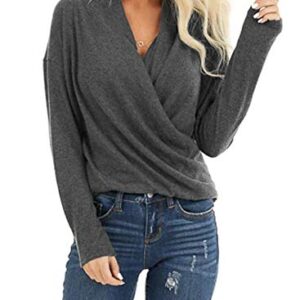 EVALESS Womens Casual V Neck Wrap Long Sleeve Knit Pullover Tops Sweater Shirts Gray M