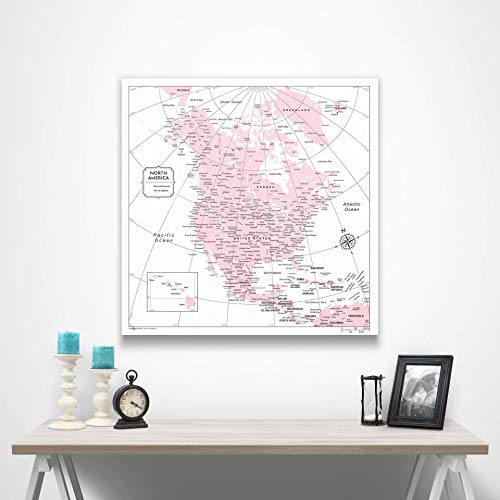 Push Pin North America Map Board - With Push Pins to Mark North America Travel - Handmade in Ohio, USA - Design: Pink Color Splash