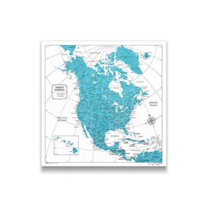 push pin north america map board - with push pins to mark north america travel - handmade in ohio, usa - design: teal color splash