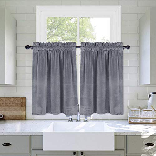 Haperlare Grey Kitchen Window Curtains, Heavy-Duty Privacy Enhancing Heat Blocking Velvet Bathroom Window Curtain Luxury Half Window Kitchen Cafe Curtains, 26" W x 24" L, Set of 2