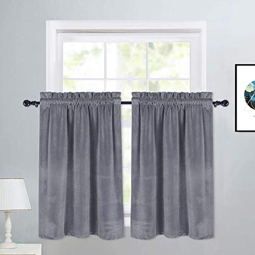 Haperlare Grey Kitchen Window Curtains, Heavy-Duty Privacy Enhancing Heat Blocking Velvet Bathroom Window Curtain Luxury Half Window Kitchen Cafe Curtains, 26" W x 24" L, Set of 2