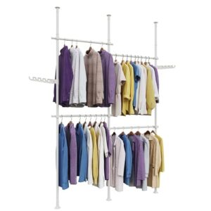 dyn ptah floor to ceiling adjustble garment rack, heavy duty double 2-tier clothes rack, free standing clothes laundry drying rack, clothing hanger tension rod closet system wardrobe storage white