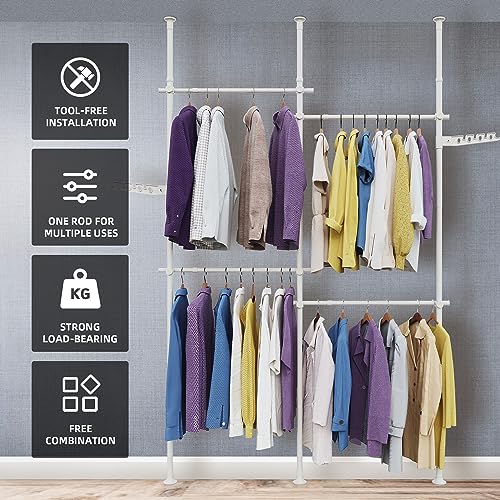 DYN Ptah Floor to Ceiling Adjustble Garment Rack, Heavy Duty Double 2-Tier Clothes Rack, Free Standing Clothes Laundry Drying Rack, Clothing Hanger Tension Rod Closet System Wardrobe Storage White