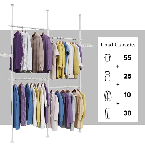 DYN Ptah Floor to Ceiling Adjustble Garment Rack, Heavy Duty Double 2-Tier Clothes Rack, Free Standing Clothes Laundry Drying Rack, Clothing Hanger Tension Rod Closet System Wardrobe Storage White