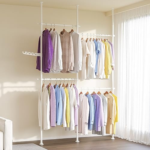 DYN Ptah Floor to Ceiling Adjustble Garment Rack, Heavy Duty Double 2-Tier Clothes Rack, Free Standing Clothes Laundry Drying Rack, Clothing Hanger Tension Rod Closet System Wardrobe Storage White