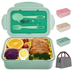 porzu bento lunch box, 1400 ml lunch box meal prepfor kids & adults，3 compartments portable food container with utensil (green)