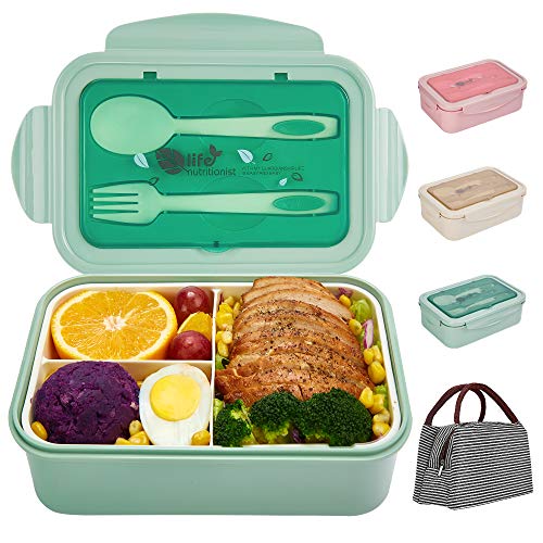 Porzu Bento Lunch Box, 1400 ML Lunch Box Meal PrepFor Kids & Adults，3 Compartments Portable Food Container with Utensil (Green)