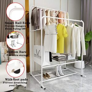 HOJINLINERO Clothing Garment Rack White Heavy Duty Commercial Grade for Hanging Clothes with Metal Mesh Shelves