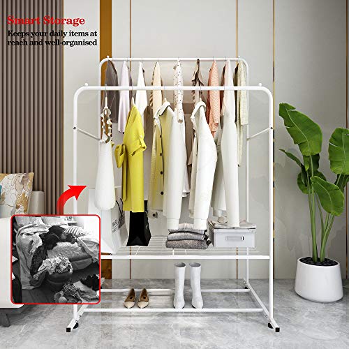 HOJINLINERO Clothing Garment Rack White Heavy Duty Commercial Grade for Hanging Clothes with Metal Mesh Shelves