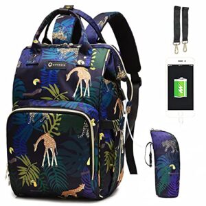 qwreoia diaper bag backpack, animal print travel nappy bag with usb charging port stroller straps and insulated pocket for women/mum (animal print pattern)
