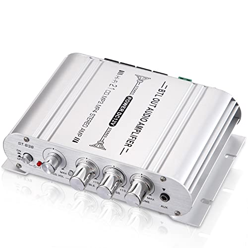 Facmogu ST-838 2.1CH Audio Power Amplifier, RMS 20Wx2+40W Class D Stereo Digital Audio Amp with Subwoofer Output, 80W Mini Subwoofer Amplifier Audio Stereo Bass Amp with DC12V Power Adapter - Silver