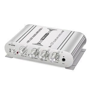 facmogu st-838 2.1ch audio power amplifier, rms 20wx2+40w class d stereo digital audio amp with subwoofer output, 80w mini subwoofer amplifier audio stereo bass amp with dc12v power adapter - silver