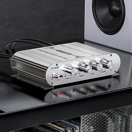 Facmogu ST-838 2.1CH Audio Power Amplifier, RMS 20Wx2+40W Class D Stereo Digital Audio Amp with Subwoofer Output, 80W Mini Subwoofer Amplifier Audio Stereo Bass Amp with DC12V Power Adapter - Silver
